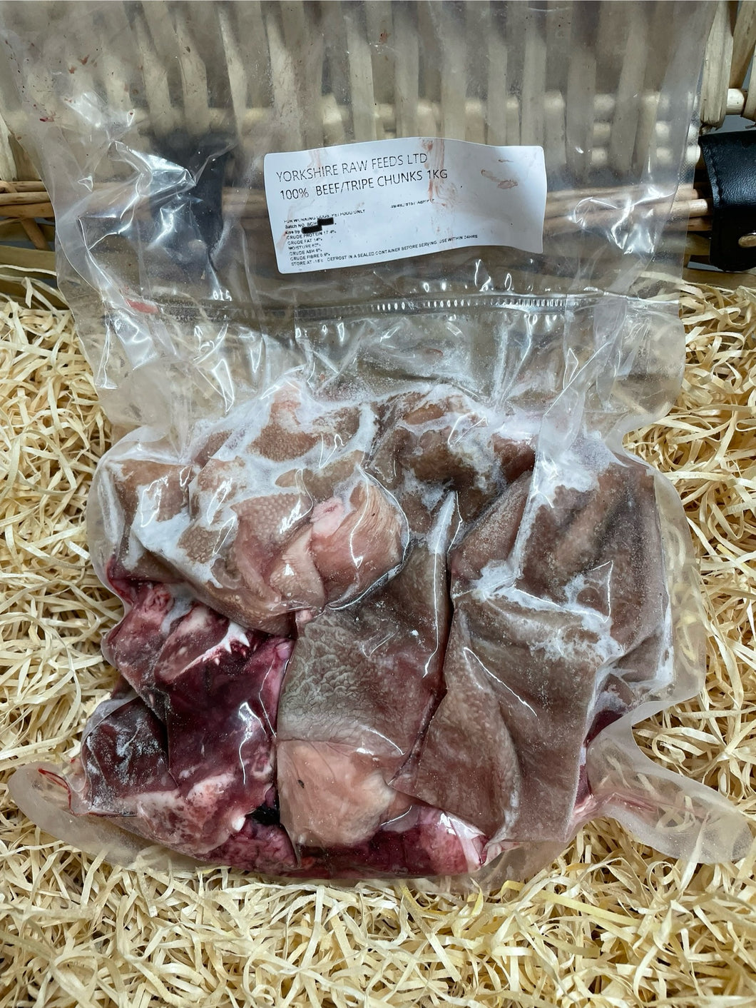 Beef and Tripe Chunks Mixed.  Raw.  1kg (approx)