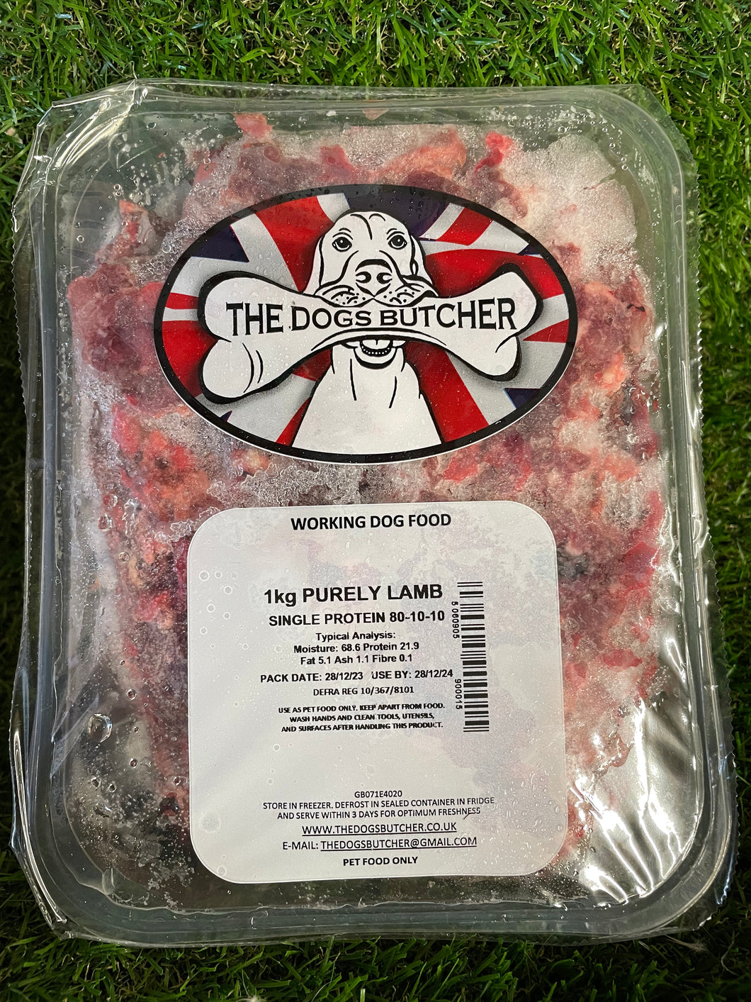 The Dogs Butcher Purely Lamb Single Protein 80/10/10.  1 KG