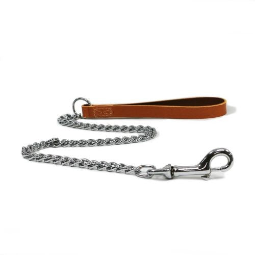 Ancol Heavy Chain Dog Lead with Tan Leather Handle - 90cm